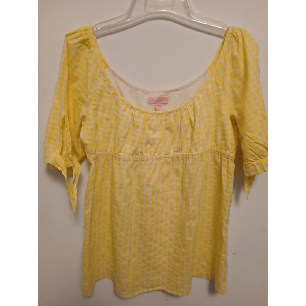 Lilly Pulitzer Yellow White Gingham Check Peasant Top Shirt 6 Small Short Sleeve